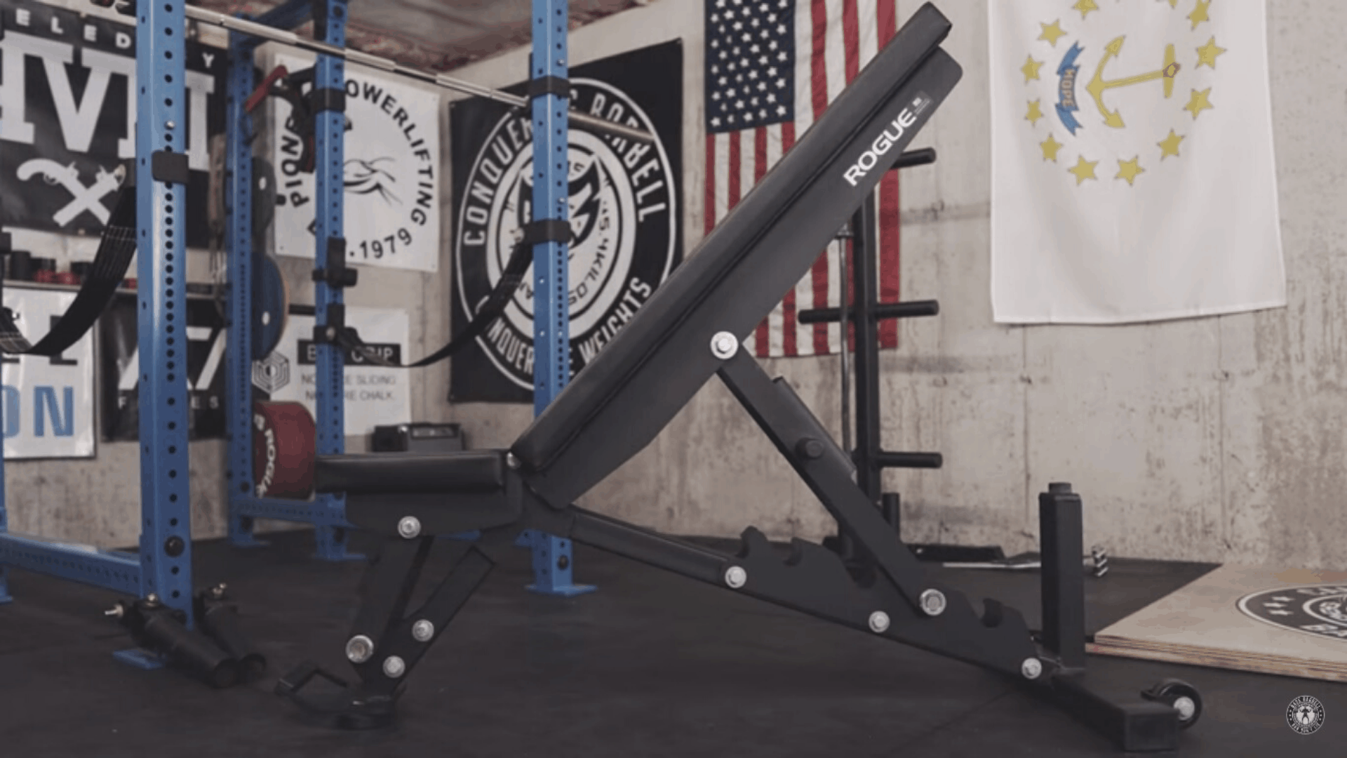 Rogue adjustable weight bench in home gym